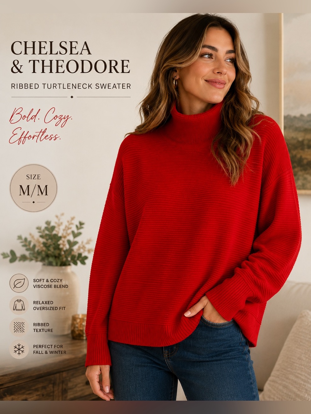 Chelsea & Theodore Womens M Red Ribbed Turtleneck Sweater Oversized Relaxed Fit